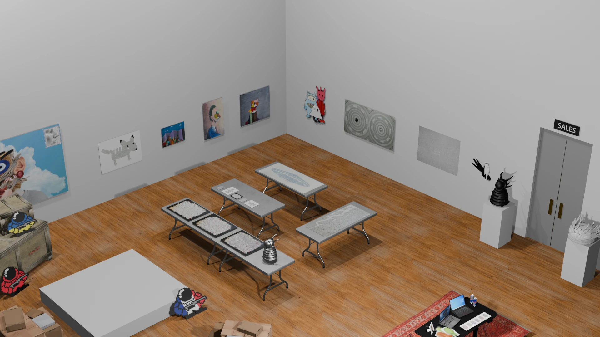 Virtual gallery room, featuring artwork by Tanner Rhines